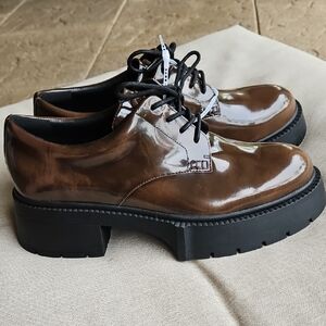 Coach Lyla Platform Derby Oxford Patent Leather Shoes Saddle Brown, Sz 11